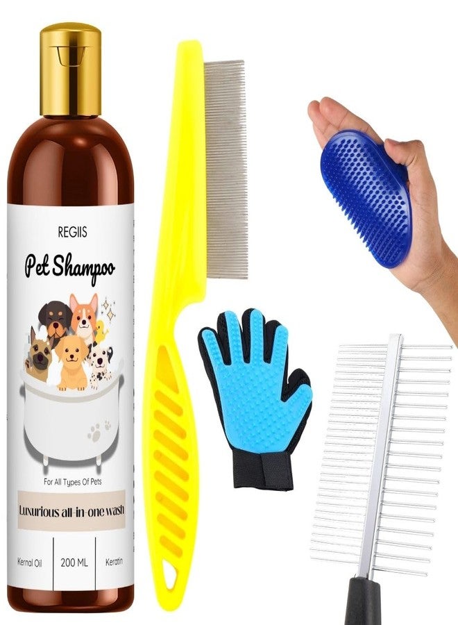 REGIIS Pet Grooming Kit, 5-Piece Set with Shampoo, Combs and Deshedding Glove for Dogs and Cats - Image 1